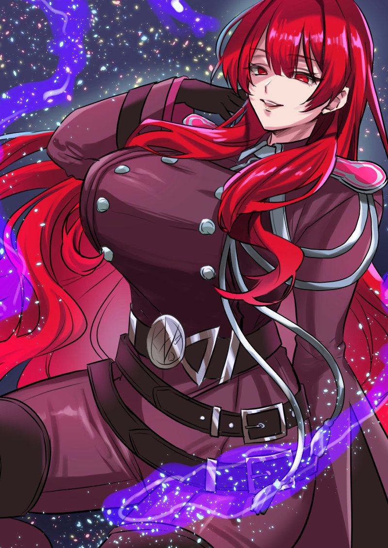 1girl, belt, black_belt, black_gloves, breasts, buttons, commentary_request, double-breasted