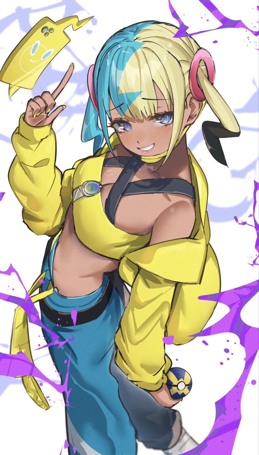 1girl, bare_shoulders, black_mask, blonde_hair, blue_eyes, blue_hair, blush, breasts