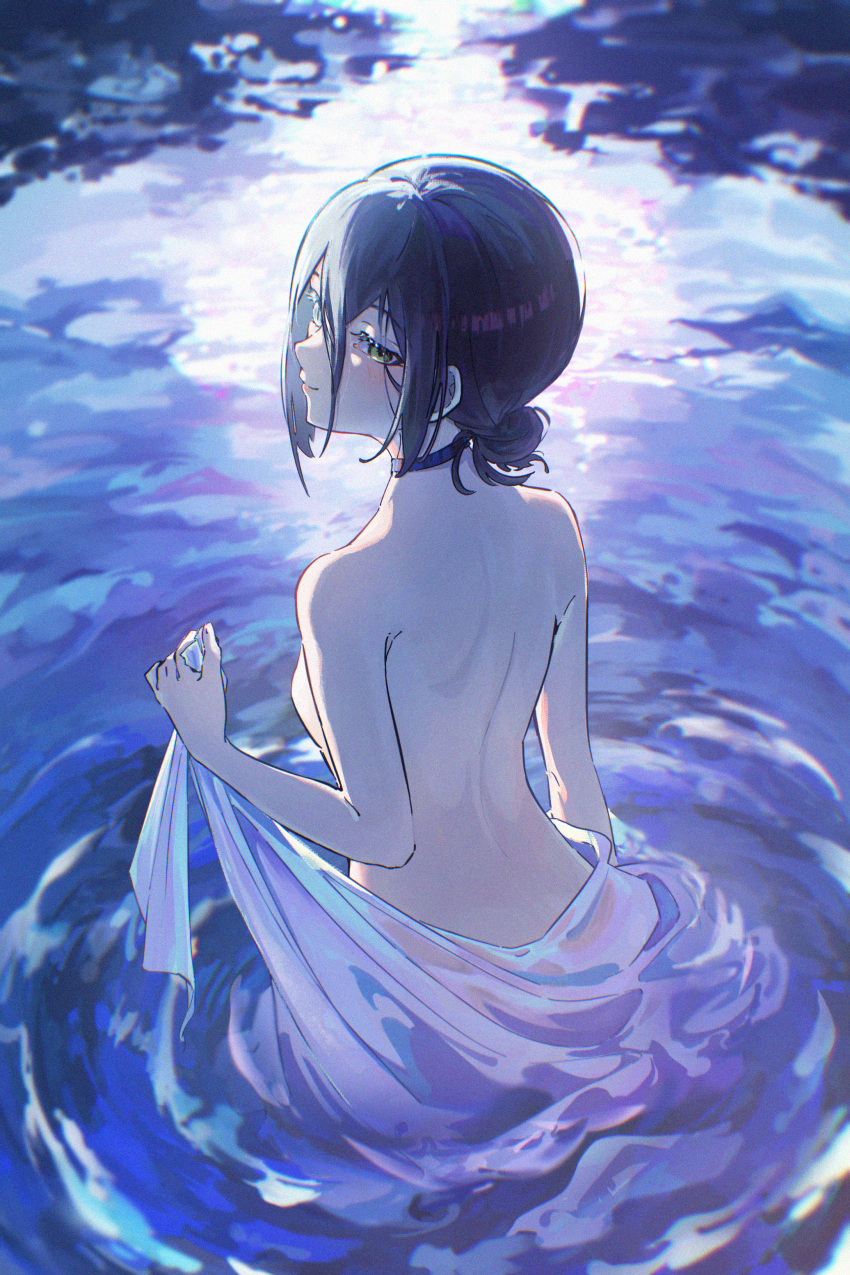 1girl, absurdres, back, bare_back, bare_shoulders, black_choker, black_hair, blush, breasts, chainsaw_man, choker, commentary, from_behind, gin_s, green_eyes, hair_between_eyes, hair_bun, highres, holding, looking_back, medium_hair, nude, partially_submerged, pool, reze_(chainsaw_man), ripples, smile, solo, standing, water, waves