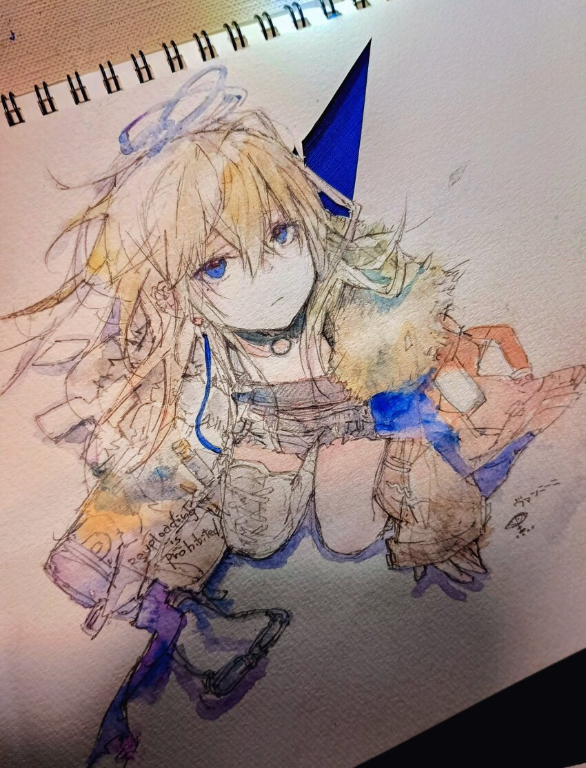 1girl, arknights, asymmetrical_legwear, blonde_hair, blue_eyes, blue_halo, character_name, commentary