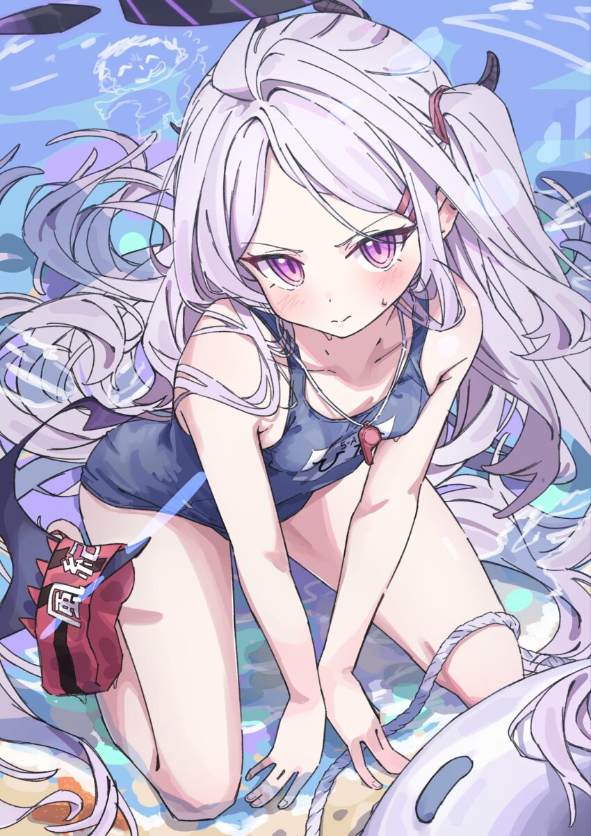 1girl, armband, bare_arms, bare_legs, bare_shoulders, black_halo, black_horns, blue_archive