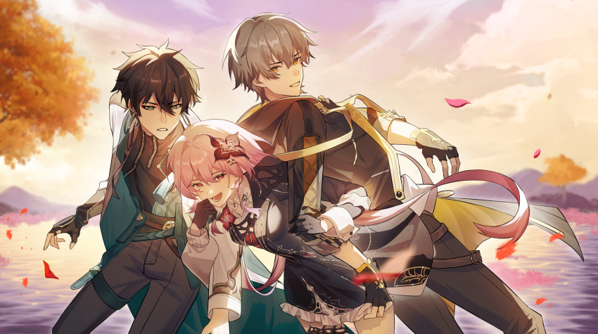 1girl, 2boys, bingsa_(707), black_hair, caelus_(honkai:_star_rail), cloud, cloudy_sky, coattails, commentary, commentary_request, dan_heng_(honkai:_star_rail), dan_heng_(hunt)_(honkai:_star_rail), dress, evernight_(honkai:_star_rail), flower, gloves, green_eyes, grey_hair, hair_flower, hair_ornament, hairclip, highres, honkai:_star_rail, honkai_(series), jacket, long_hair, march_7th_(honkai:_star_rail), multiple_boys, outdoors, pants, parallel_hairclips, petals, pink_hair, red_eyes, river, short_hair, sky, sleeves_rolled_up, smile, tailcoat, thigh_strap, trailblazer_(honkai:_star_rail), tree, very_long_hair, yellow_eyes