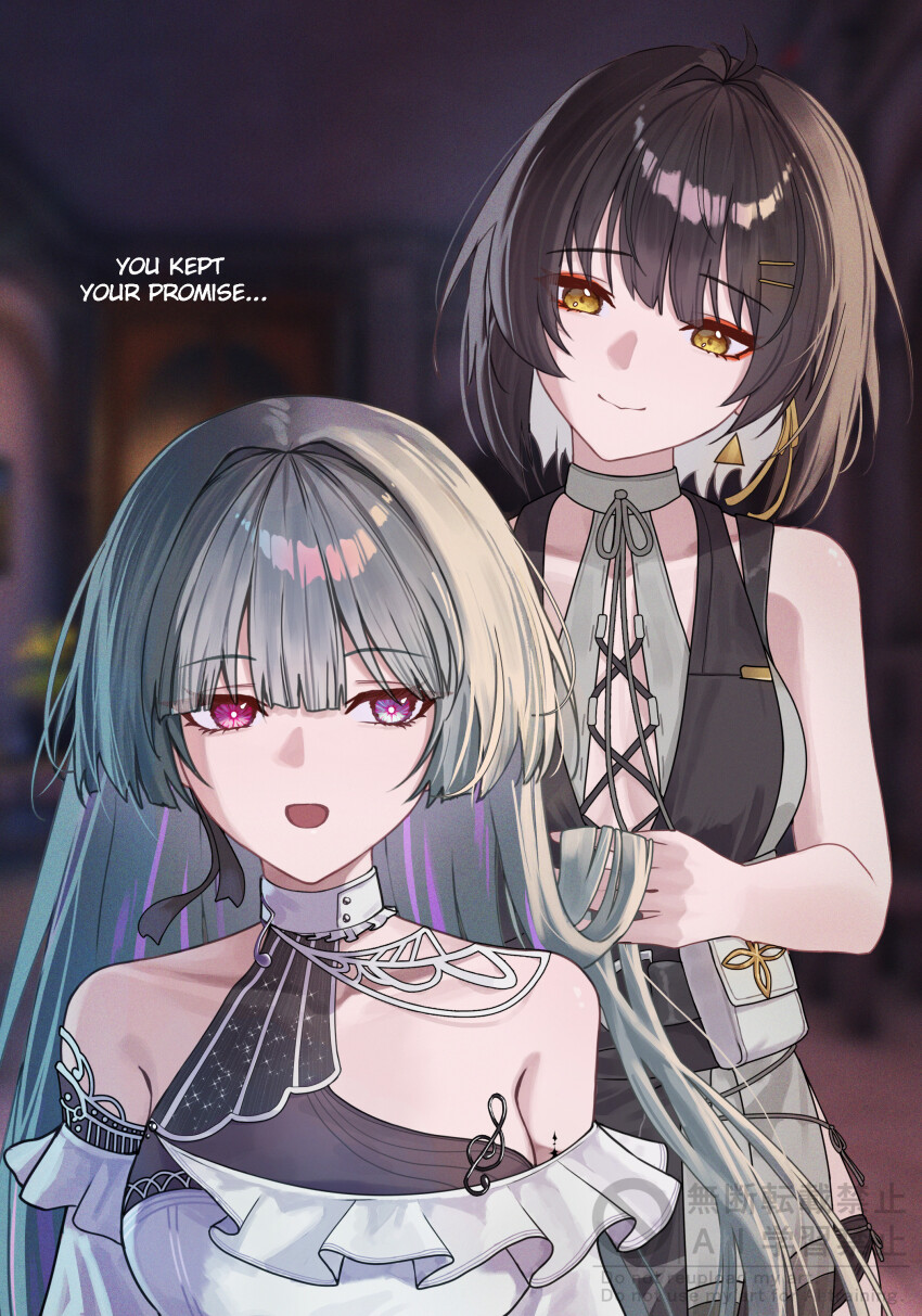 2girls, absurdres, alternate_universe, bare_shoulders, black_hair, blurry, blurry_background, breasts, commentary, cross-laced_clothes, cross-laced_dress, dress, earrings, english_commentary, female_rover_(wuthering_waves), grey_eyes, grey_hair, hair_ribbon, heterochromia, highres, indoors, jewelry, long_hair, looking_at_another, medium_breasts, multicolored_hair, multiple_girls, musical_note_ornament, open_mouth, pendr_a_gon, phrolova_(ostina)_(wuthering_waves), phrolova_(wuthering_waves), red_eyes, ribbon, rover_(wuthering_waves), sleeveless, sleeveless_dress, smile, streaked_hair, triangle_earrings, white_dress, wuthering_waves, yellow_eyes, yellow_ribbon