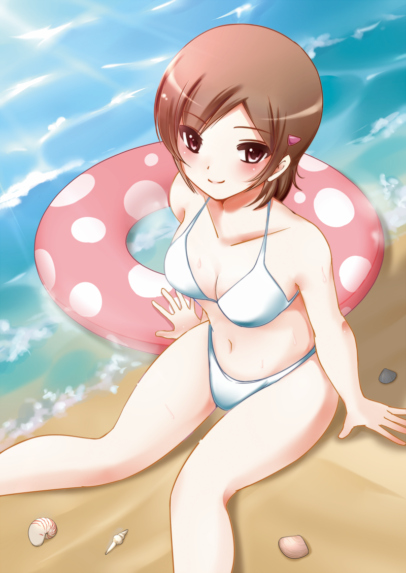 1girl, beach, bikini, brown_eyes, brown_hair, female_focus, innertube, kamekichi_(kamekiti)