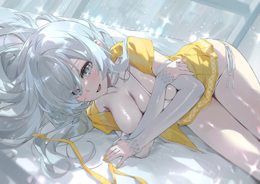 1girl, bikini, blush, breasts, cleavage, collarbone, commentary, covering_breasts, covering_privates, dema_hmw, detached_sleeves, dian_cecht_(lost_sword), english_commentary, grey_eyes, hair_between_eyes, hair_spread_out, hand_on_own_arm, highres, jacket, large_breasts, lens_flare, light_particles, long_hair, looking_at_viewer, lost_sword:_tales_of_britania, lying, nail_polish, official_alternate_costume, on_side, open_mouth, short_sleeves, side-tie_bikini_bottom, smile, solo, sparkle, strap_slip, string_bikini, swimsuit, thighs, unzipped, very_long_hair, white_bikini, white_hair, window, yellow_jacket, yellow_nails