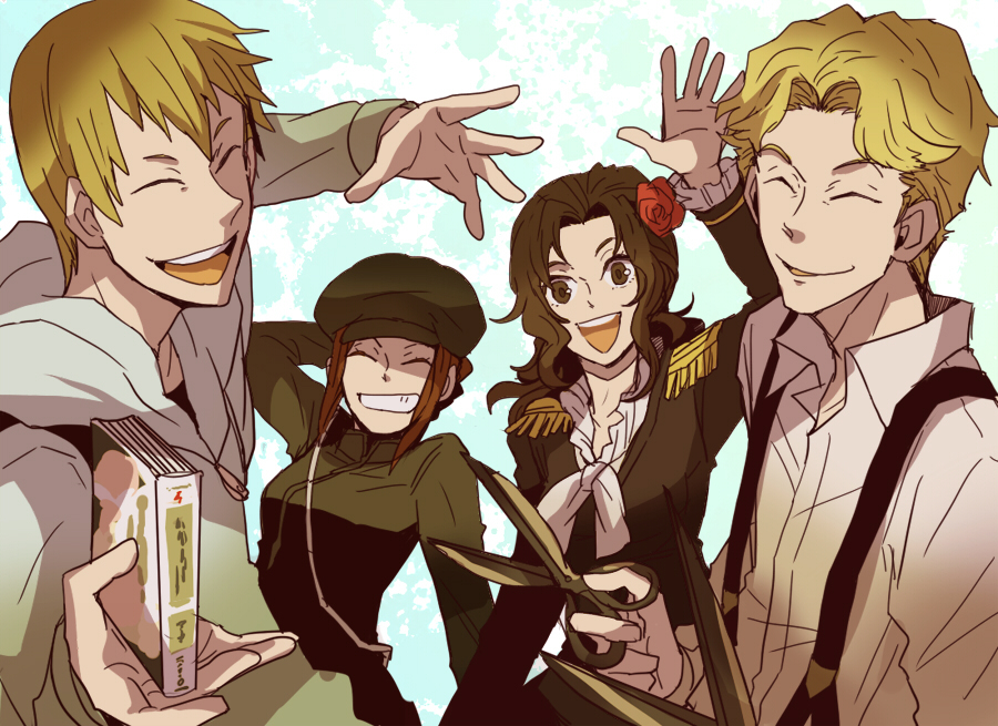 00s, 2boys, 2girls, baccano!, bad_id, bad_pixiv_id, blonde_hair, book, brown_hair, crossover, durarara!!, epaulettes, closed_eyes, flower, grin, hair_flower, hair_ornament, hat, karisawa_erika, long_hair, maria_barcelito, multiple_boys, multiple_girls, scissors, short_hair, smile, sudachips, tick_jefferson, yumasaki_walker
