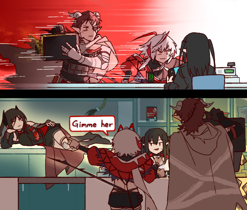 3girls, antenna_hair, arknights, black_choker, black_hair, black_horns, black_jacket, briefcase