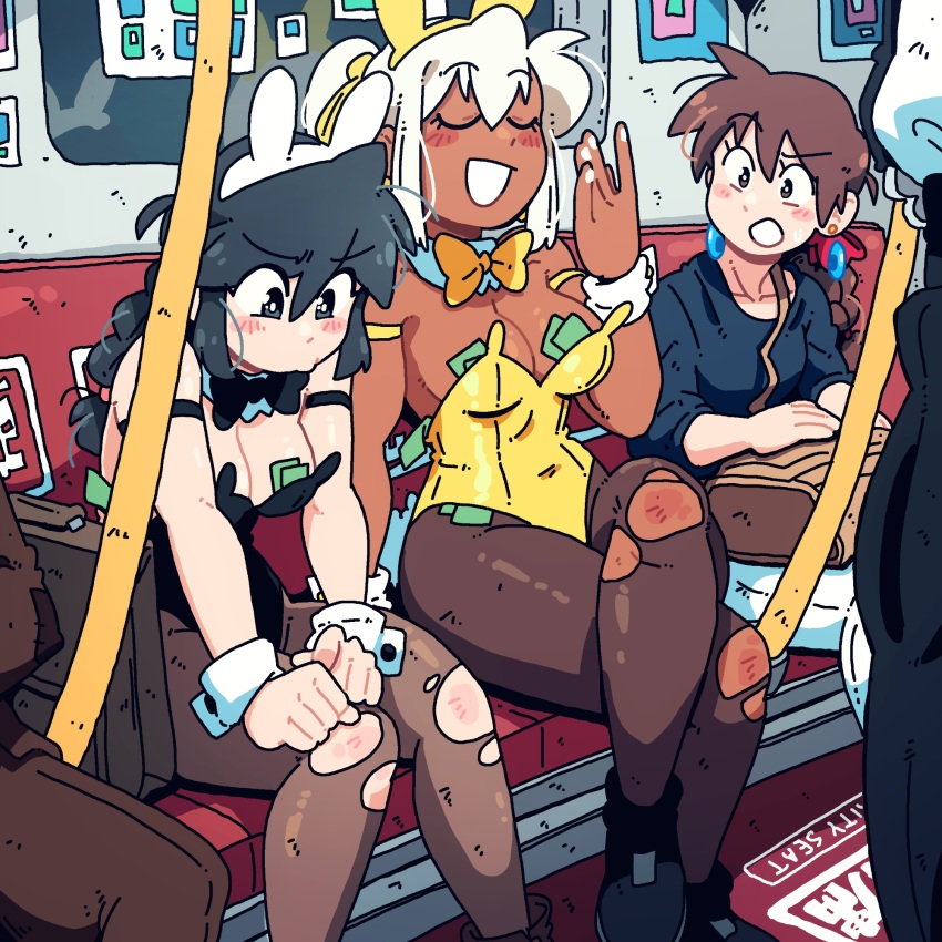 3girls, ^_^, animal_ear_hairband, animal_ears, armband, bag, bag_on_lap, black_armband