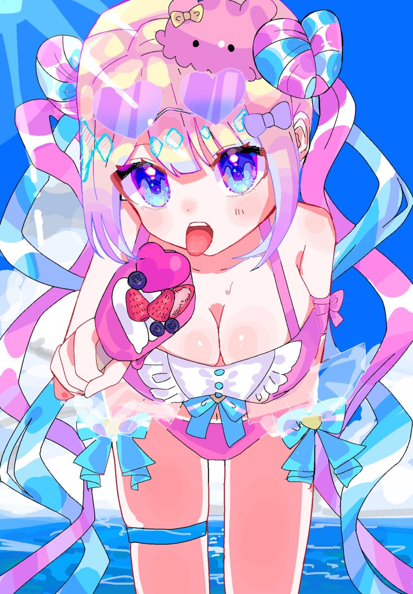 1girl, :o, arm_behind_back, bent_over, blonde_hair, blue_eyes, blue_hair, blunt_bangs