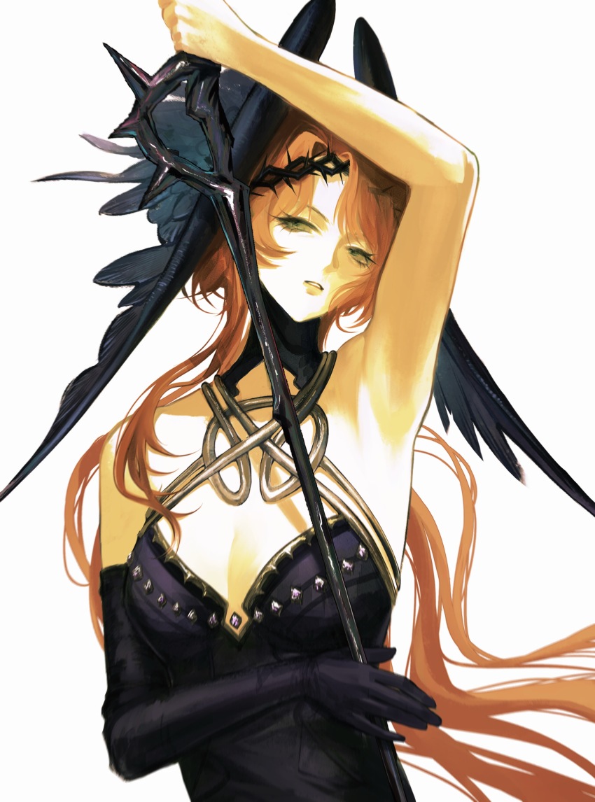 1girl, absurdres, arm_up, armpits, bare_shoulders, breasts, cane, cleavage