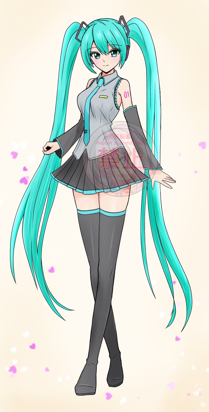 1girl, aqua_eyes, aqua_hair, aqua_necktie, arm_tattoo, breasts, detached_sleeves, frilled_skirt, frills, full_body, hatsune_miku, heart, highres, light_smile, name_tag, necktie, rai3star, shirt, simple_background, skirt, sleeveless, sleeveless_shirt, solo, standing, tattoo, thighhighs, vocaloid
