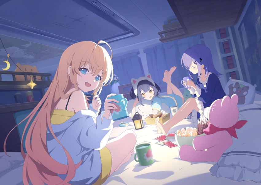 3girls, :d, ahoge, amber_(pajamas)_(stella_sora), amber_(stella_sora), animal_ear_hairband, animal_ears, armpit_crease