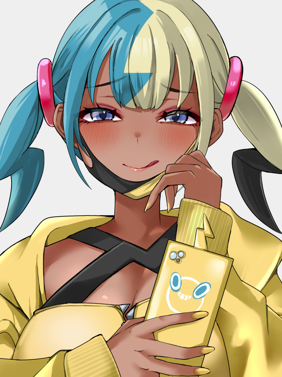 1girl, bandeau, blue_eyes, breasts, canari_(pokemon), cleavage, closed_mouth, commentary, eyelashes, gen_4_pokemon, highres, holding, holding_phone, jacket, long_sleeves, looking_at_viewer, mask, mask_pull, midoridama, mouth_mask, multicolored_hair, nail_polish, nintendo, open_clothes, open_jacket, phone, pokemon, pokemon_legends:_z-a, raised_inner_eyebrows, rotom, rotom_phone, short_twintails, sleeves_past_wrists, smile, tongue, tongue_out, twintails, upper_body, yellow_bandeau, yellow_jacket, yellow_nails