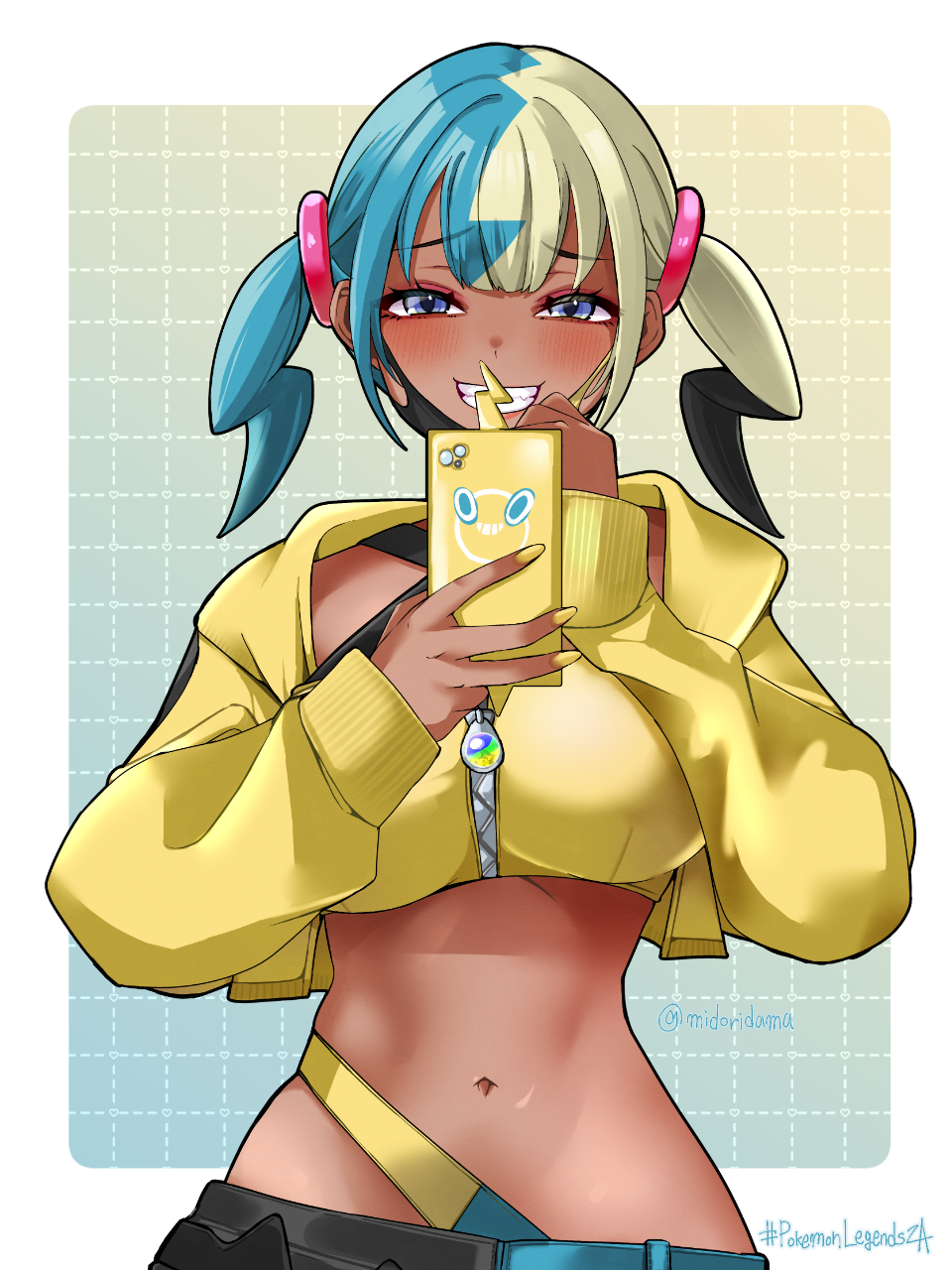 1girl, bandeau, blue_eyes, border, breasts, canari_(pokemon), commentary, copyright_name