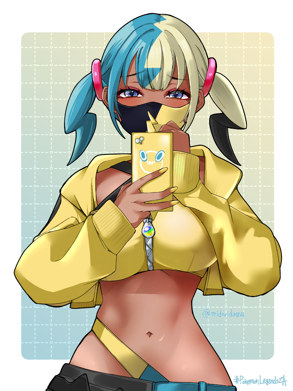 1girl, bandeau, blue_eyes, border, breasts, canari_(pokemon), commentary, copyright_name