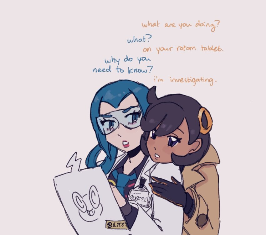 2girls, black_gloves, black_shirt, blue_eyes, blue_hair, blue_necktie, brown_coat, brown_hair, coat, commentary, dark-skinned_female, dark_skin, emma_(pokemon), english_commentary, english_text, glasses, gloves, hair_ornament, head_on_another's_shoulder, lab_coat, looking_at_another, loose_necktie, mable_(pokemon), marcy_(offthem00n), medium_hair, multiple_girls, necktie, nintendo, pokemon, pokemon_legends:_z-a, purple_eyes, shirt, short_hair, table, white_background, yuri