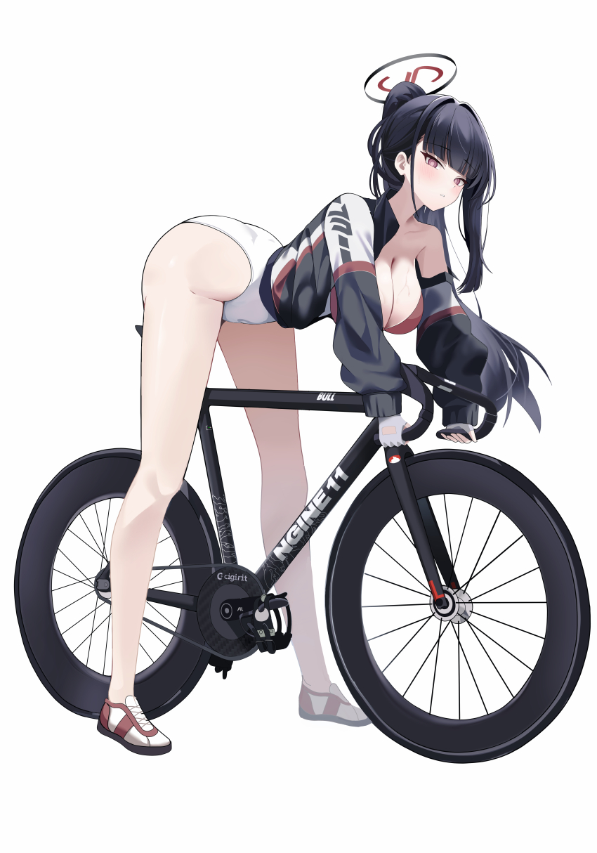 1girl, absurdres, bent_over, bicycle, black_hair, blue_archive, blunt_bangs, commentary_request