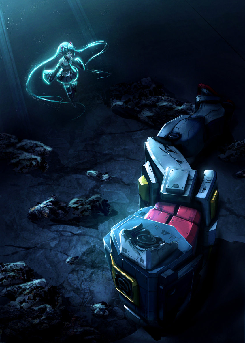 1girl, absurdres, aqua_eyes, aqua_hair, black_skirt, black_thighhighs, crossover, damaged, detached_sleeves, floating, gundam, hatsune_miku, headless, highres, long_hair, lying, mk_22p, mobile_suit, mobile_suit_gundam, on_side, robot, rx-78-2_gundam, science_fiction, severed_limb, shirt, skirt, solo, thighhighs, twintails, vocaloid