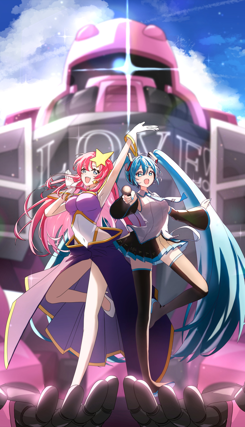 2girls, absurdres, aqua_eyes, aqua_hair, aqua_nails, aqua_necktie, armpits, black_skirt