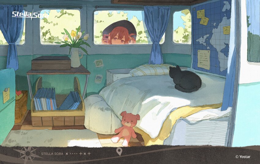 1girl, bed, black_cat, black_hat, camera, cat, commentary, copyright_logo