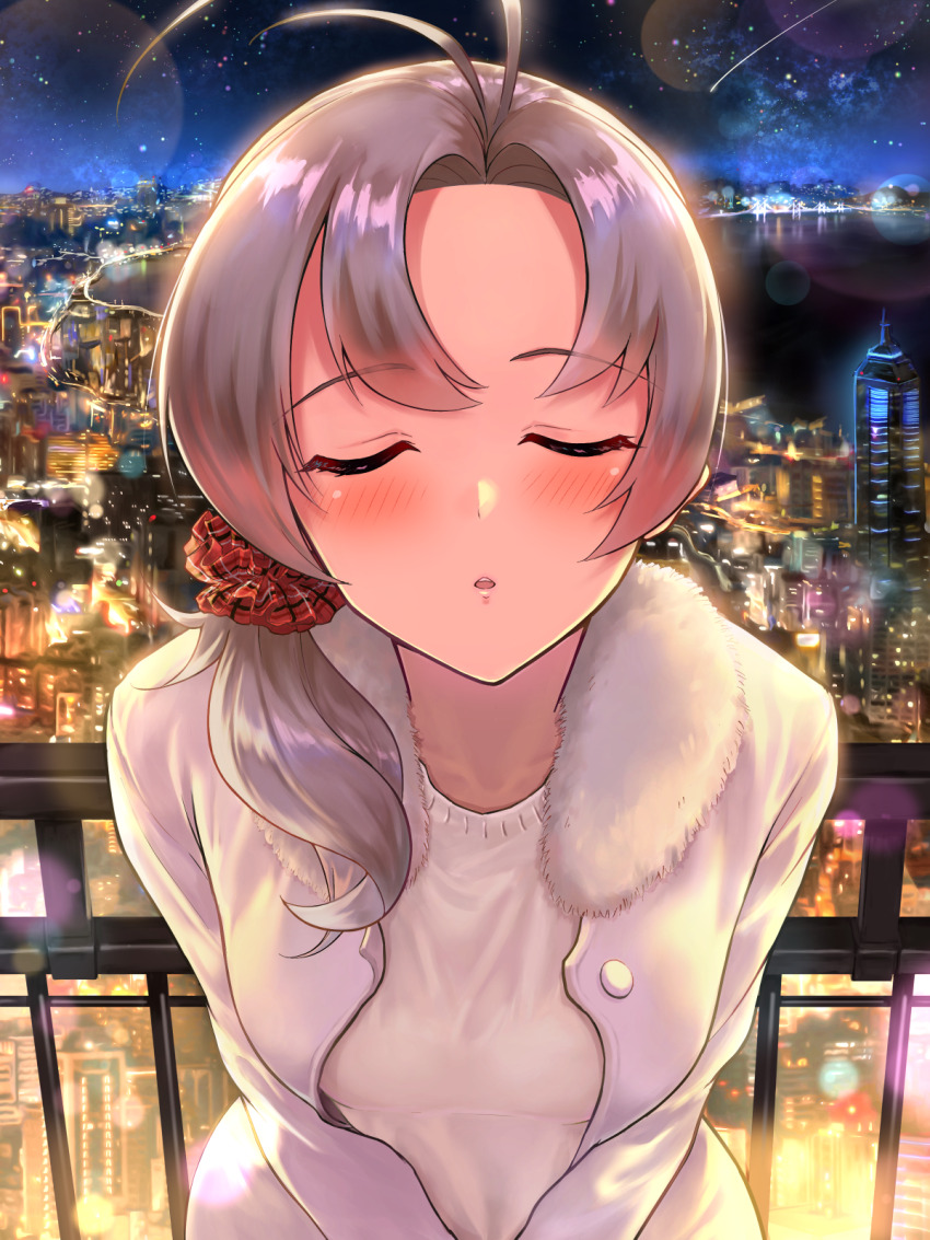 1girl, antenna_hair, cityscape, coat, commission, facing_viewer, grey_hair, hair_ornament