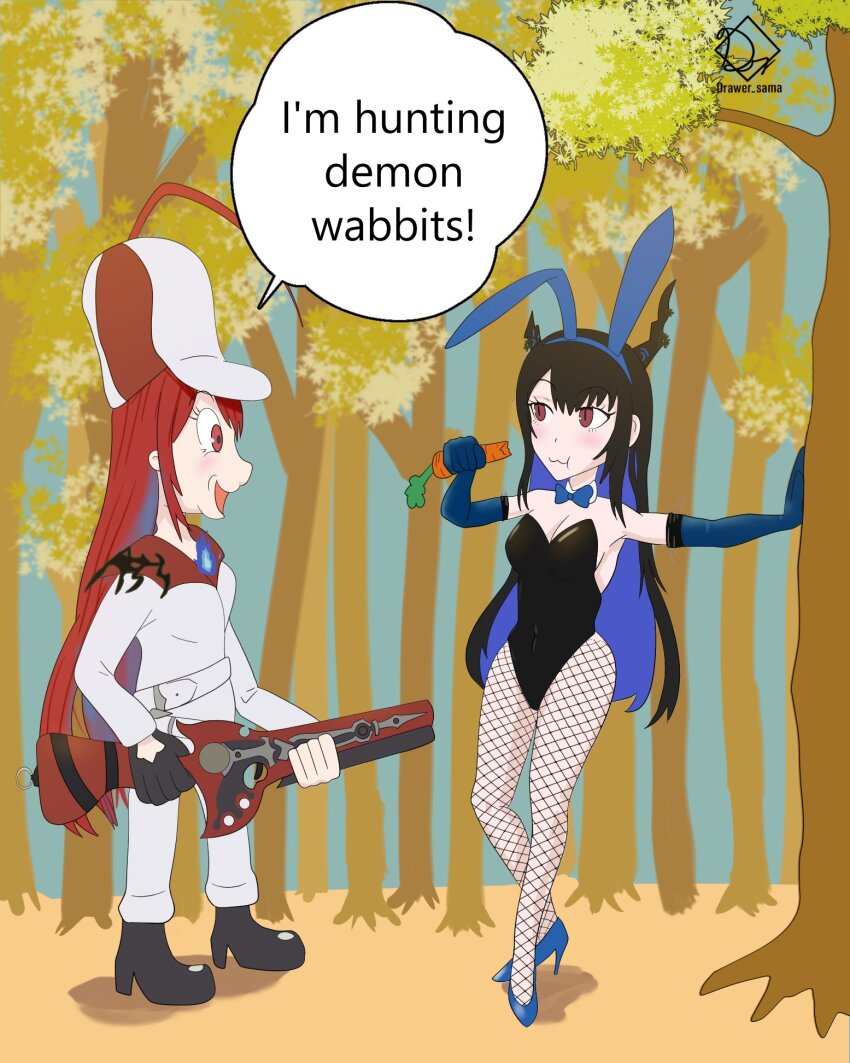 2girls, :3, animal_ears, artist_name, asymmetrical_horns, autumn_leaves, black_hair, blue_fire, blue_hair, blush, boots, breasts, bugs_bunny, carrot, demon_horns, drawer-san, eating, elizabeth_rose_bloodflame, elmer_fudd, english_text, fire, forest, gun, high_heels, highres, holding, holding_gun, holding_weapon, hololive, hololive_english, horns, hunting, leaf, leaning_on_object, long_hair, looney_tunes, multicolored_hair, multiple_girls, nature, nerissa_ravencroft, open_mouth, parody, playboy_bunny, rabbit_ears, red_eyes, red_hair, shoes, signature, speech_bubble, talking, thighhighs, toon_(style), tree, two-tone_hair, virtual_youtuber, watermark, weapon