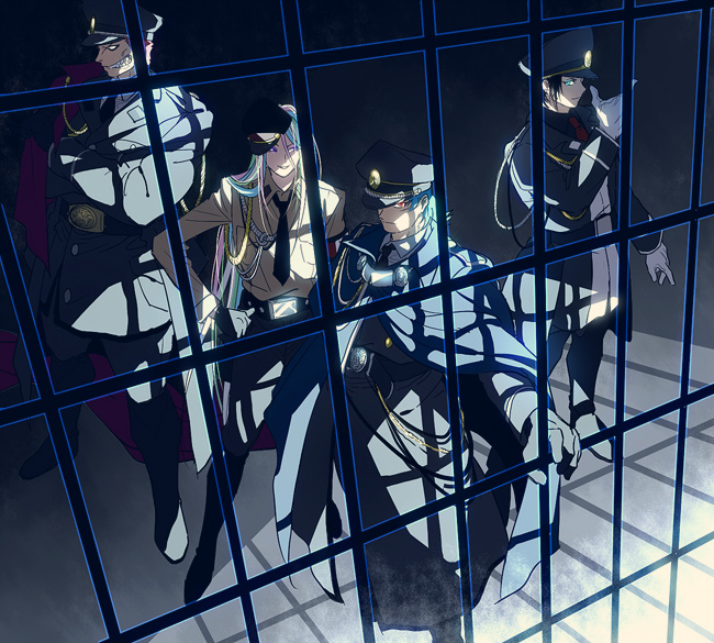 10s, 4boys, aiguillette, aqua_eyes, bad_id, bad_pixiv_id, bars, belt
