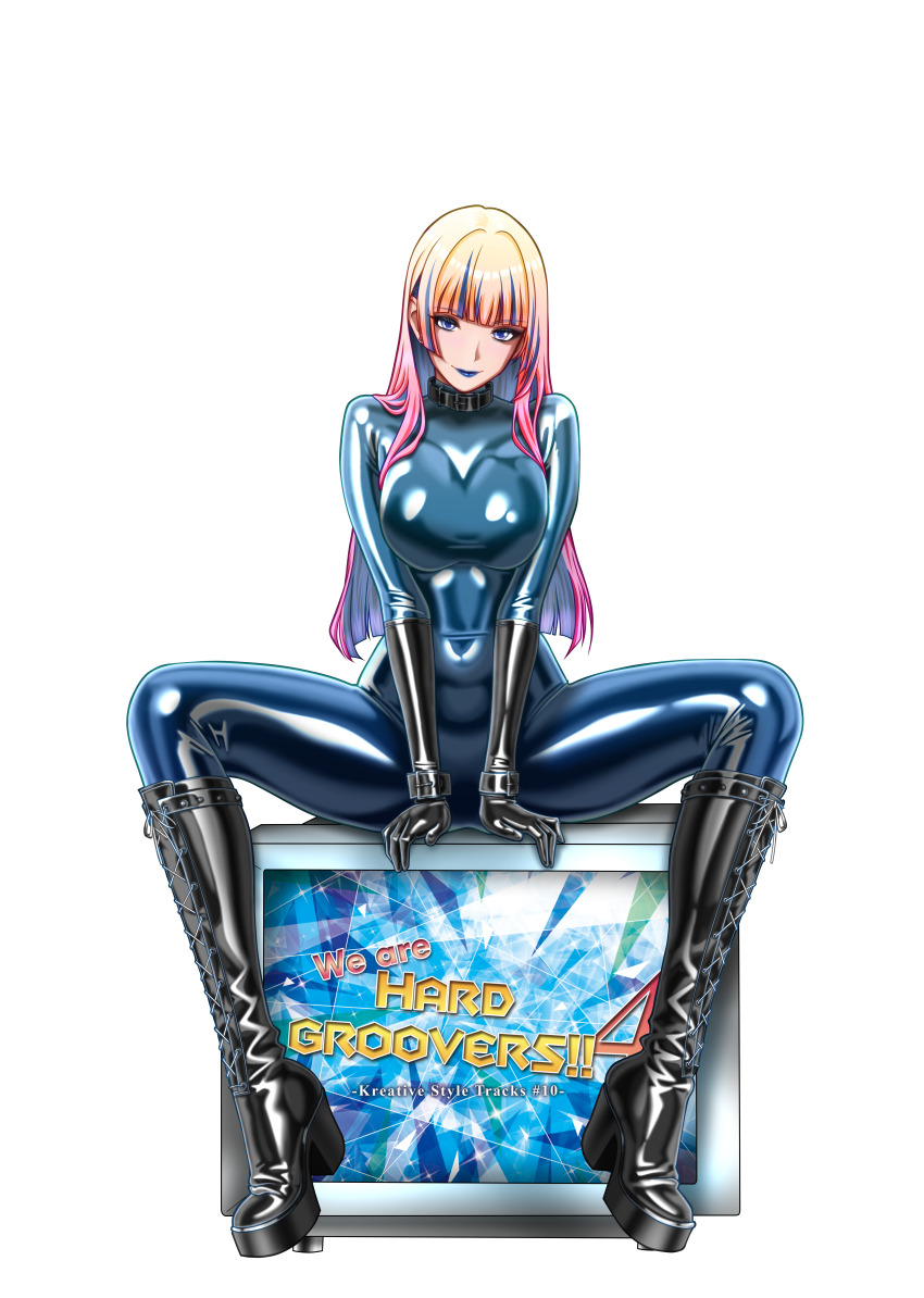 1girl, absurdres, black_boots, black_gloves, blonde_hair, blue_bodysuit, blue_eyes, blue_hair