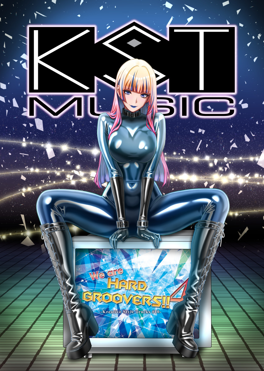 1girl, absurdres, black_boots, black_gloves, blonde_hair, blue_bodysuit, blue_eyes, blue_hair