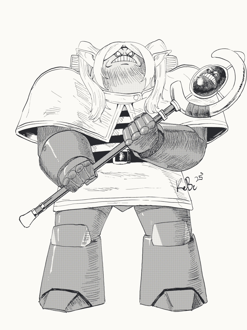 1boy, absurdres, armor, capelet, clenched_teeth, commentary, cosplay, dress, english_commentary, frieren, frieren_(cosplay), greyscale, hatemace, hatemonger_(space_king), highres, holding, holding_staff, holding_weapon, long_hair, mage_staff, monochrome, parted_bangs, phelix_kelvin, pointy_ears, power_armor, shirt, simple_background, solo, sousou_no_frieren, space_king, staff, striped_clothes, striped_shirt, teeth, twintails, weapon, white_background