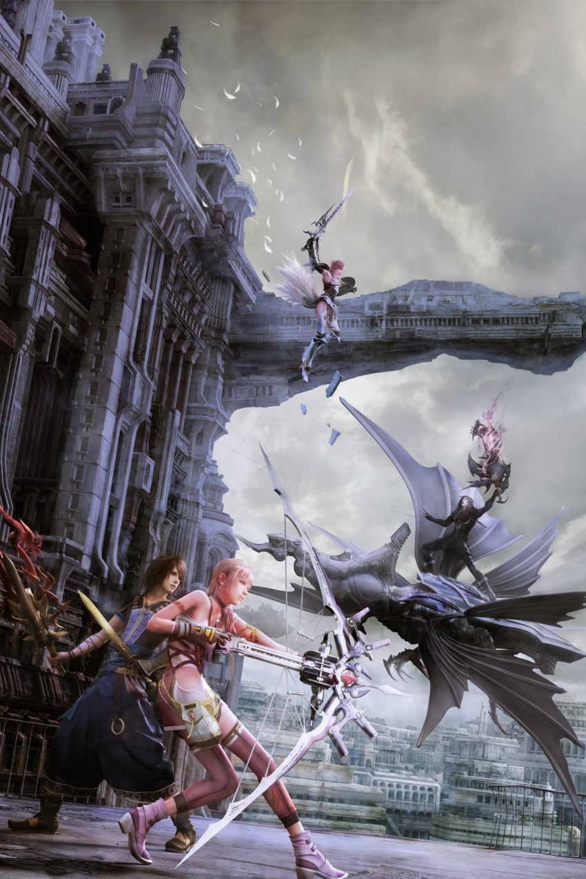 10s, 2boys, 2girls, 3d, armlet, armor, bahamut_(final_fantasy), belt, black_hair, bodysuit, bow_(weapon), breastplate, brown_hair, brown_legwear, caius_ballad, city, cloud, crossbow, dragon, earrings, feathers, final_fantasy, final_fantasy_xiii, final_fantasy_xiii-2, gloves, gunblade, highres, jewelry, kaias, lightning_farron, multiple_boys, multiple_girls, noel_kreiss, pink_hair, pteruges, serah_farron, shoes, short_hair, sword, thighhighs, weapon, white_legwear
