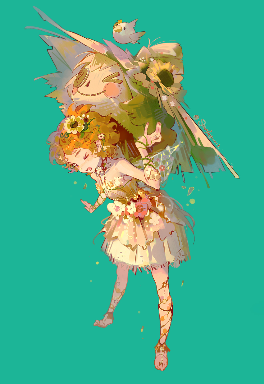 >_o, 1girl, absurdres, aqua_background, arm_ribbon, bare_shoulders, barefoot_sandals_(jewelry), bird, brown_eyes, choker, dress, dress_flower, fairy_wings, fake_wings, flower, forehead, fringe_trim, full_body, grains_of_yesterday_(infinity_nikki), green_ribbon, hair_flower, hair_ornament, happy, highres, infinity_nikki, knees, leaning_forward, looking_at_viewer, messy_hair, neck_flower, nikki_(series), one_eye_closed, orange_dress, orange_flower, orange_hair, petals, pleated_dress, red_choker, ribbon, sanyang003, scarecrow, short_dress, short_hair, simple_background, solo, standing, strapless, strapless_dress, sunflower, thick_eyebrows, twitter_username, white_bird, white_flower, white_wings, wings, yellow_flower