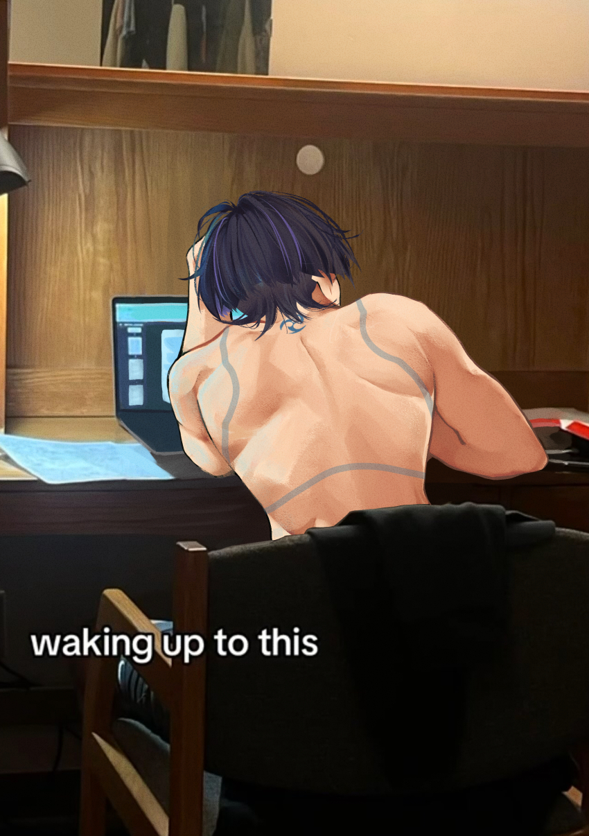 1boy, absurdres, arm_rest, back, back_muscles, bare_shoulders, birthmark, black_coat, black_hair, black_pants, blunt_ends, body_markings, chair, coat, computer, desk_lamp, elbow_rest, english_text, facing_away, from_behind, genshin_impact, hand_up, highres, ichomint, lamp, laptop, male_focus, median_furrow, meme, mitsudomoe_(shape), movie_poster_(object), multicolored_hair, pants, papers, photo-referenced, purple_hair, scaramouche_(genshin_impact), shoulder_blades, sitting, solo, streaked_hair, tomoe_(symbol), toned, toned_male, topless_male, unworn_coat, video_call, waking_up_to_this_(meme), wanderer_(genshin_impact)