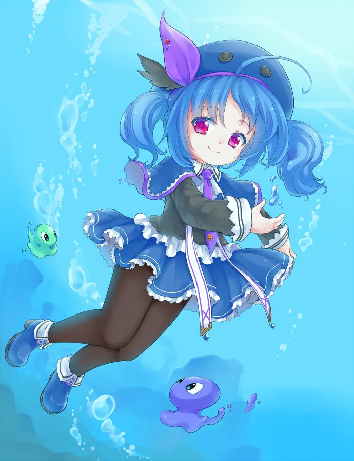 1girl, ahoge, beret, black_pantyhose, black_shirt, blue_boots, blue_capelet, blue_hair