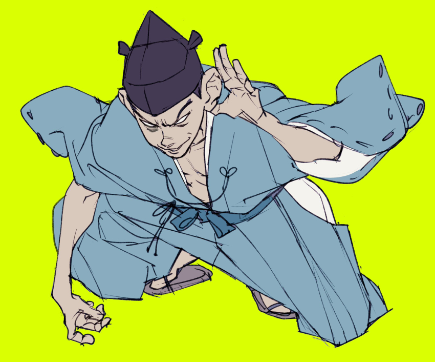 1boy, adc_mt, black_hair, blank_eyes, blue_kimono, commentary_request, cupping_ears, full_body, green_background, grin, hat, highres, ichikawa_sukefusa, japanese_clothes, kimono, large_ears, male_focus, nige_jouzu_no_wakagimi, sandals, short_hair, simple_background, smile, solo, squatting, tate_eboshi, v-shaped_eyebrows, very_short_hair, wide_sleeves, zouri