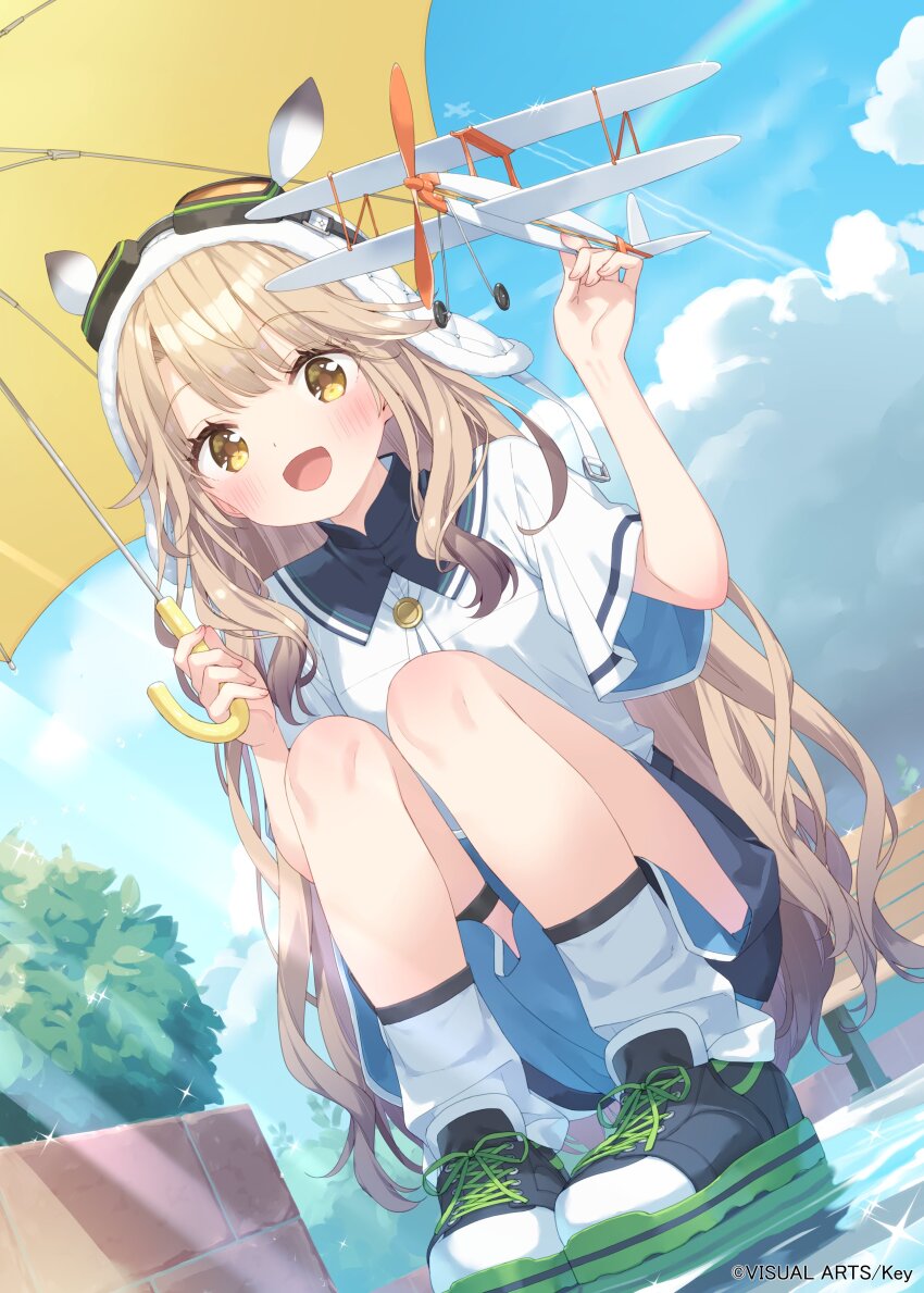 1girl, :d, absurdres, aircraft, anemoi, aviator_cap, bench, blush