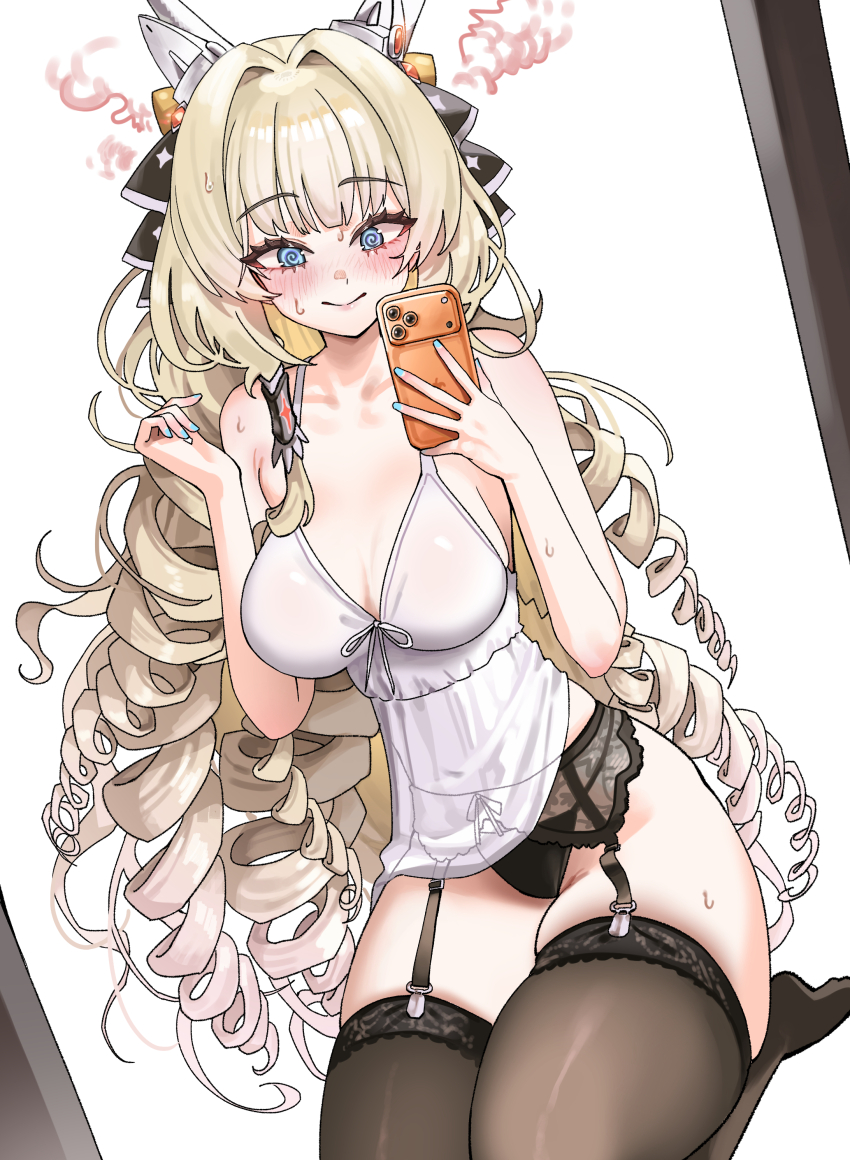 1girl, @_@, absurdres, alternate_costume, babydoll, black_panties, black_thighhighs, blonde_hair