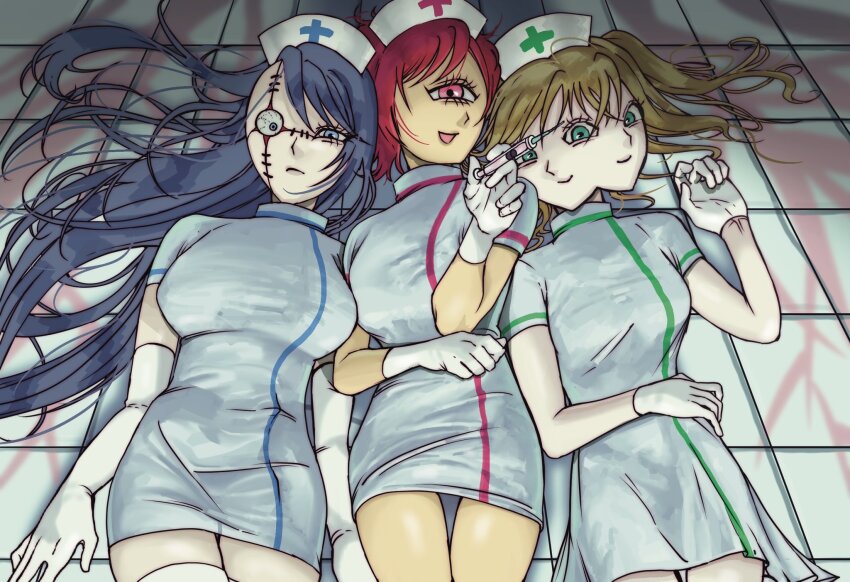 3girls, asymmetrical_hair, blue_eyes, blue_hair, blue_trim, breasts, brown_hair, closed_mouth