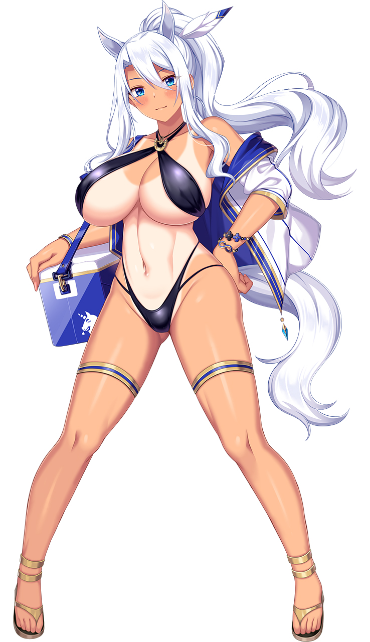 1girl, bikini, black_bikini, blue_eyes, blush, choukou_(alicesoft), choukou_taisen_escalation_heroines, dark-skinned_female, dark_skin, full_body, gluteal_fold, halterneck, hand_on_own_hip, highres, holding_cooler, horosuke, jacket, navel, nicole_quadriga, official_art, open_clothes, open_jacket, ponytail, sandals, solo, swimsuit, tachi-e, tan, tanline, thighs, white_hair