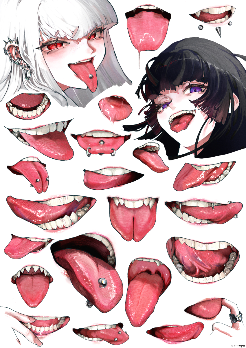 absurdres, angelbite_(piercing), black_hair, commentary, ear_piercing, face_piercing, fangs, finger_in_own_mouth