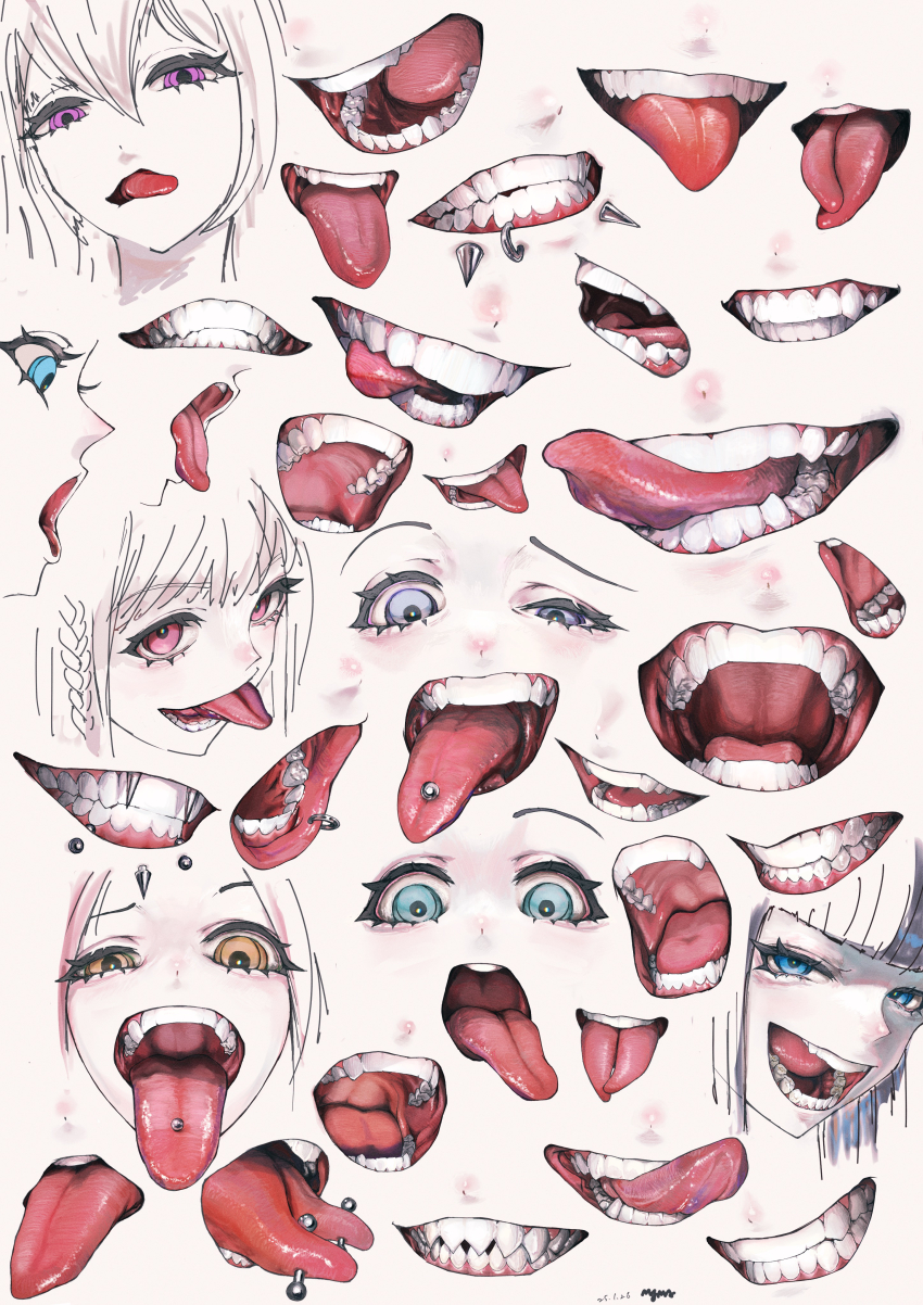 absurdres, angelbite_(piercing), aqua_eyes, blue_eyes, commentary, face_piercing, fangs, forked_tongue