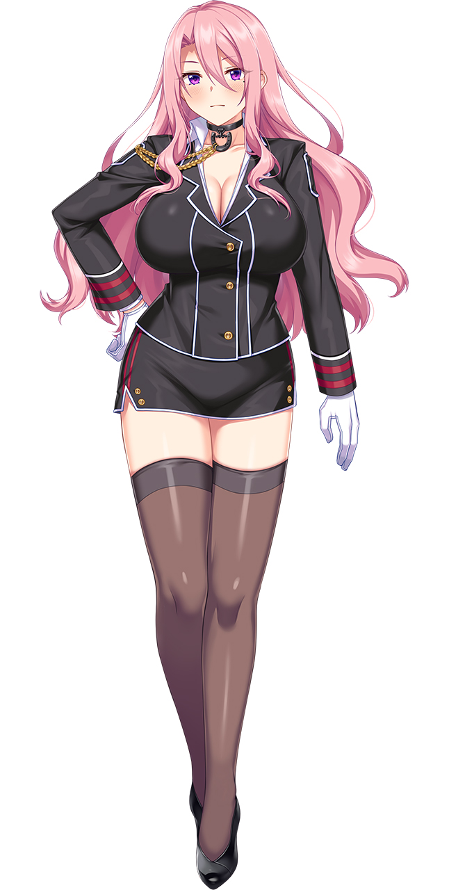 1girl, black_jacket, black_thighhighs, breasts, choker, choukou_(alicesoft), choukou_taisen_escalation_heroines, cleavage, full_body, gloves, hand_on_own_hip, highres, horosuke, jacket, large_breasts, long_hair, nicole_quadriga, official_art, pink_hair, purple_eyes, tachi-e, thighhighs, white_gloves