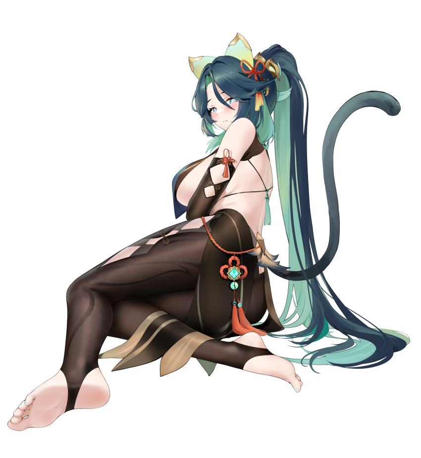 1girl, absurdres, alternate_costume, bare_shoulders, black_gloves, black_hair, black_pantyhose, breasts, cat_tail, clothing_cutout, elbow_gloves, feet, full_body, genshin_impact, glove_cutout, gloves, green_hair, hair_between_eyes, highres, janload1ng, large_breasts, legwear_cutout, long_hair, looking_at_viewer, multicolored_hair, no_shoes, pantyhose, parted_lips, ponytail, sideboob, simple_background, smile, solo, stirrup_legwear, tail, toeless_legwear, toes, two-tone_hair, very_long_hair, white_background, xianyun_(genshin_impact)