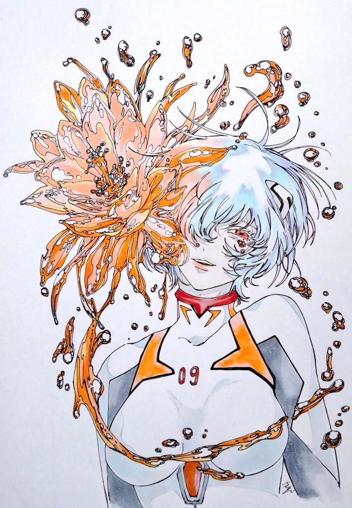 1girl, ayanami_rei, bad_id, bad_pixiv_id, blue_hair, bodysuit, breasts, commentary_request, cropped_torso, floating_hair, flower, hair_over_one_eye, half-closed_eye, interface_headset_(evangelion), kirinsuke, lcl, liquid_flower, looking_at_viewer, mecha_pilot_suit, medium_breasts, neon_genesis_evangelion, one_eye_covered, orange_flower, pale_skin, parted_lips, pink_lips, plugsuit_(evangelion), red_eyes, short_hair, signature, simple_background, smile, solo, upper_body, white_background, white_bodysuit