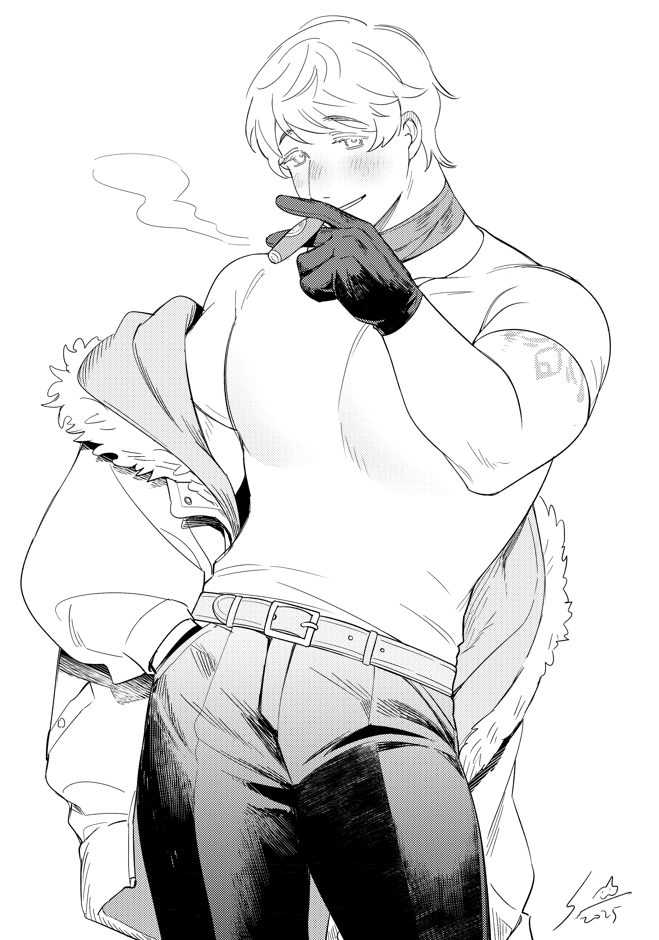 1boy, 2025, arm_tattoo, axis_powers_hetalia, bandaged_neck, bandages, belt, between_fingers