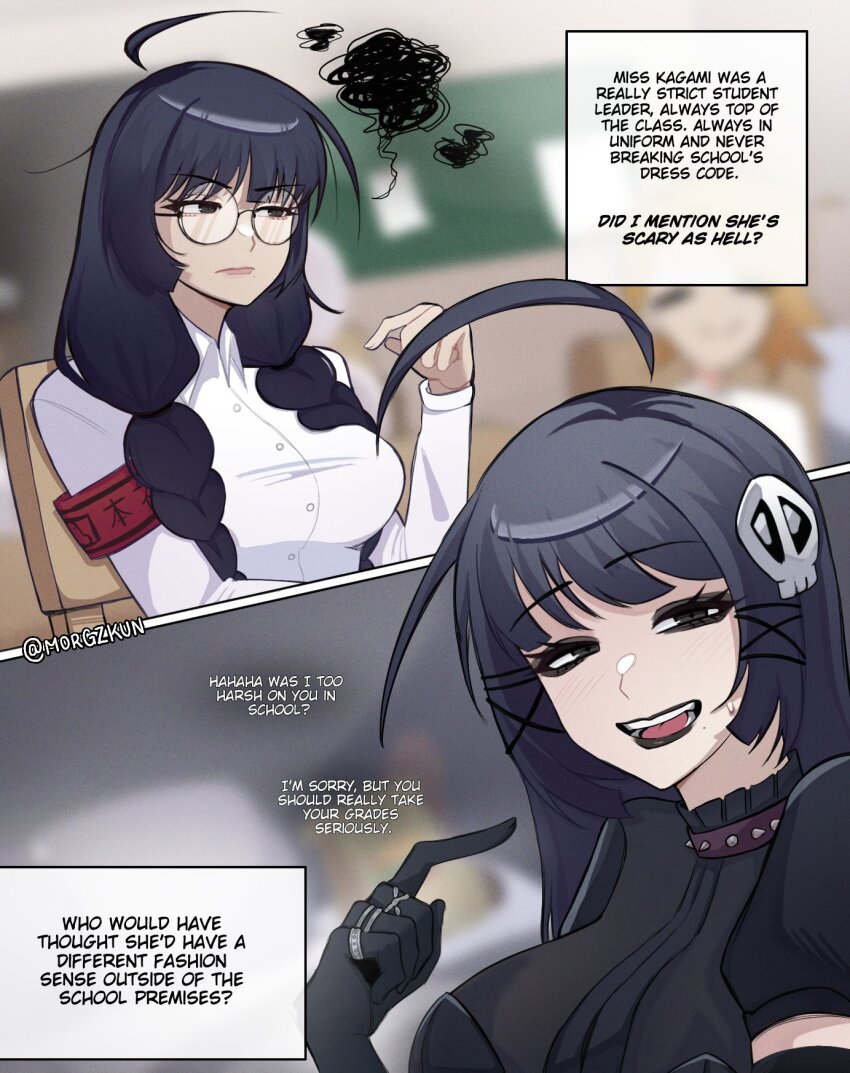 1girl, ahoge, armband, black_choker, black_dress, black_eyeliner, black_eyes, black_gloves