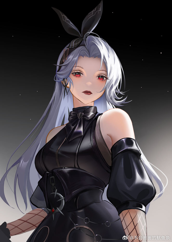 1girl, aderinna_(infinity_nikki), arm_warmers, asymmetrical_bangs, bare_shoulders, black_arm_warmers, black_background, black_bow