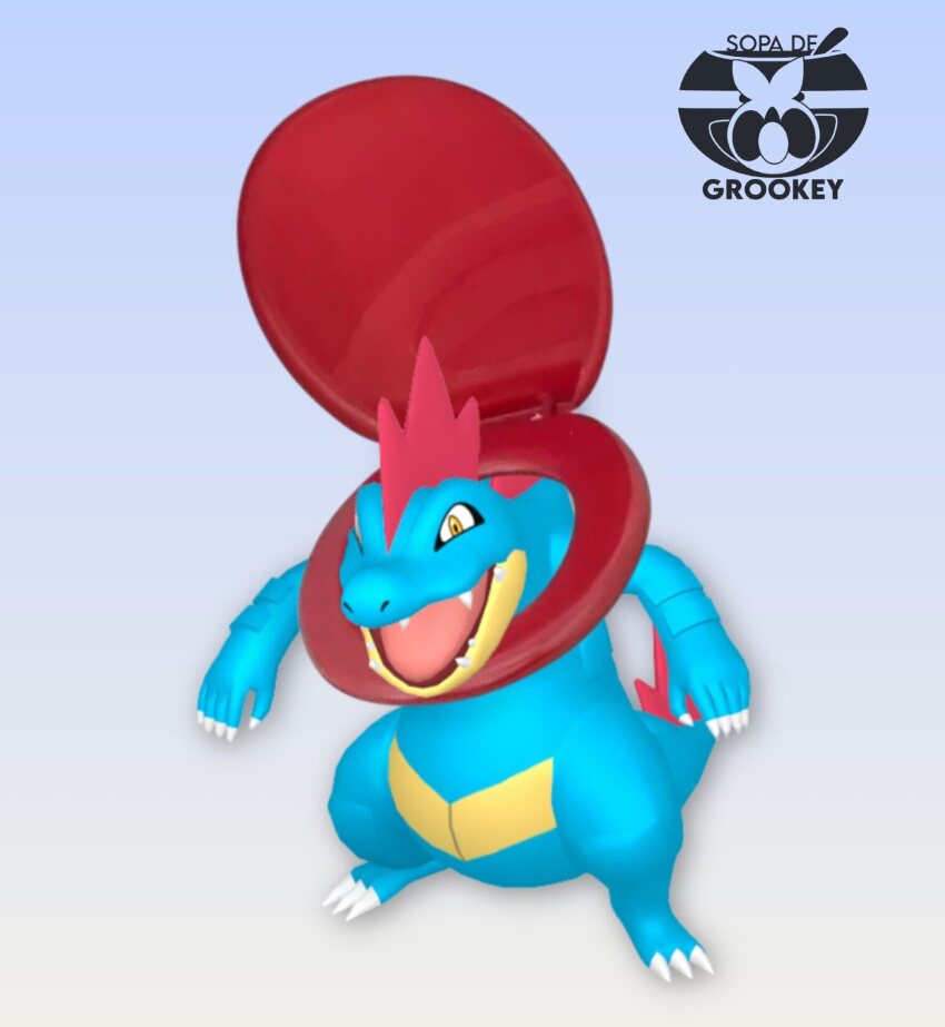 1other, 3d, alligator, animal_focus, blue_skin, brian_benito97, colored_skin, commentary, cosplay, crocodilian, english_commentary, feraligatr, gen_2_pokemon, gradient_background, highres, mega_feraligatr, mohawk, nintendo, open_mouth, outstretched_arms, parody, pokemon, pokemon_(creature), pokemon_focus, pun, sharp_teeth, skibidi_toilet_(character), skibidi_toilet_(character)_(cosplay), skibidi_toilet_(series), solo, teeth, toilet, toilet_seat, watermark, yellow_eyes