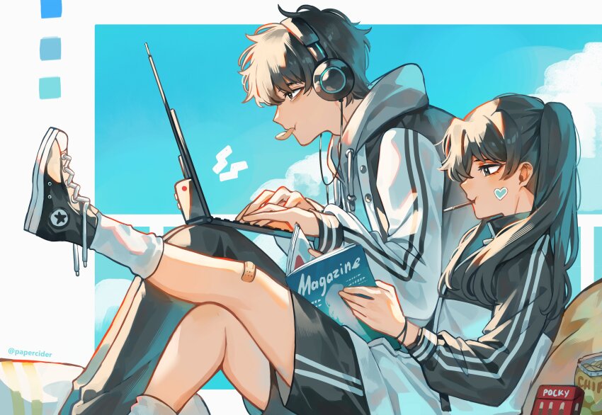 1boy, 1girl, absurdres, alternate_costume, bags_under_eyes, balcony, bandaid, bandaid_on_knee, bandaid_on_leg, black_hair, border, chips_(food), cloud, cloudy_sky, commentary, computer, curtained_hair, day, english_commentary, feet_out_of_frame, food, food_in_mouth, foot_up, hair_over_shoulder, han_donghoon_(omniscient_reader's_viewpoint), headphones, heart, heart_sticker, highres, holding, holding_laptop, holding_magazine, hood, hood_down, knees_up, laptop, magazine_(object), omniscient_reader's_viewpoint, outside_border, papercider, pocky, pocky_in_mouth, ponytail, railing, reading, scar, scar_on_face, serious, short_hair, sky, slouching, sticker, striped_clothes, twintails, two-tone_hoodie, white_border, yoo_mia