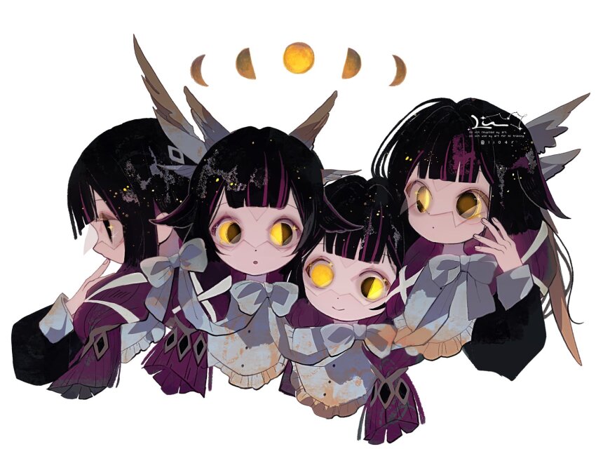 4girls, arm_up, black_hair, blunt_bangs, bow, closed_mouth, columbina_(genshin_impact), commentary